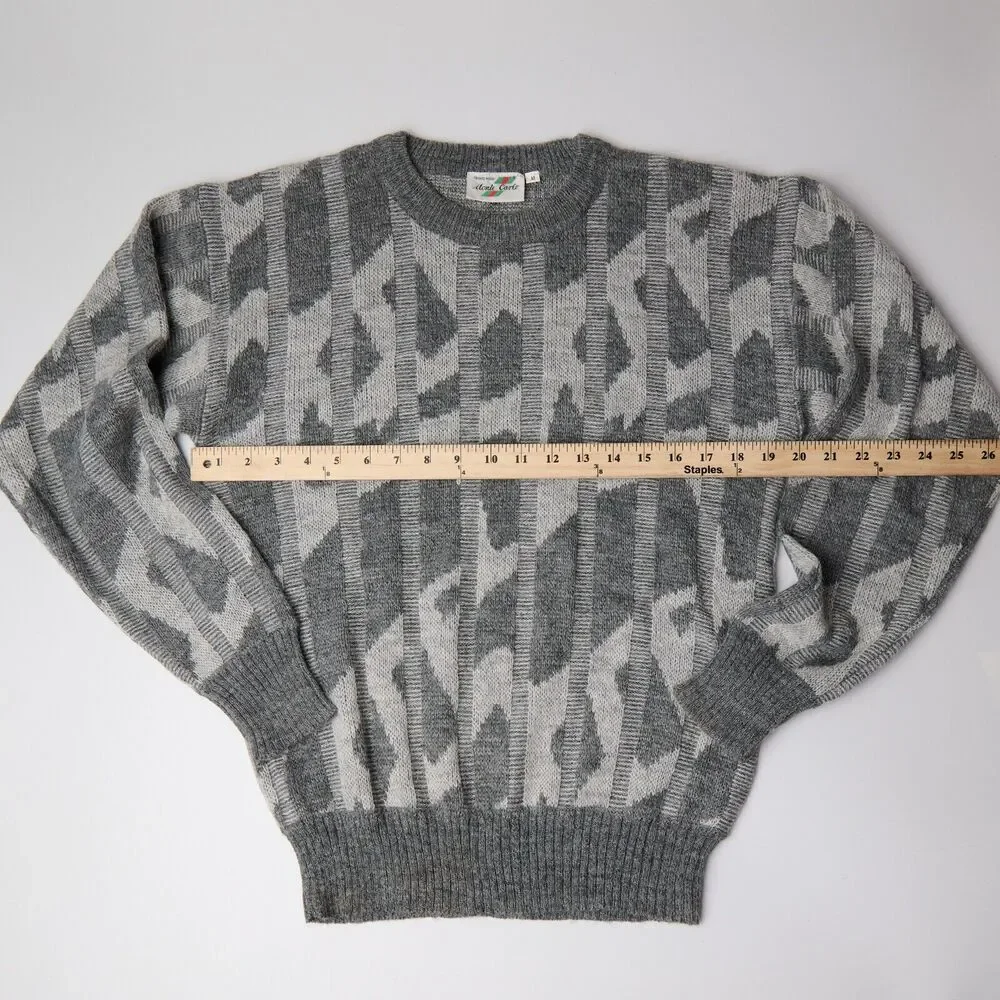 Vtg Monte Carlo Grandpa Sweater Men’s M Gray Geometric 3D Ribbed tight Knit